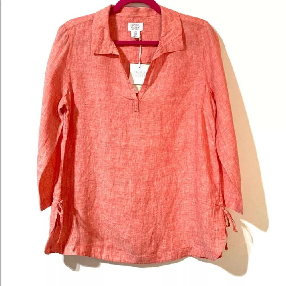 Sigrid Olsen 100% Linen Pullover Shirt with side ties Coral S Small